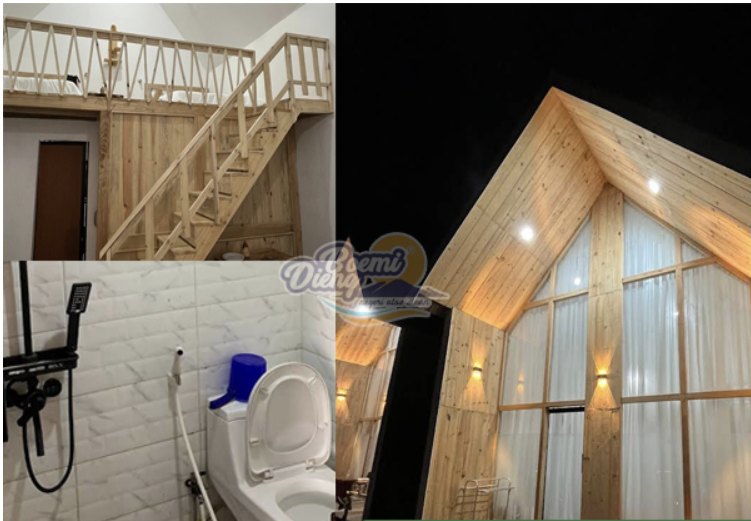 Tangga loft, kamar mandi, dan bangunan A-frame kayu saat malam